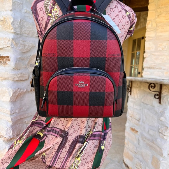 Coach Buffalo Plaid Check Court backpack Red Black NWT - Picture 4 of 9